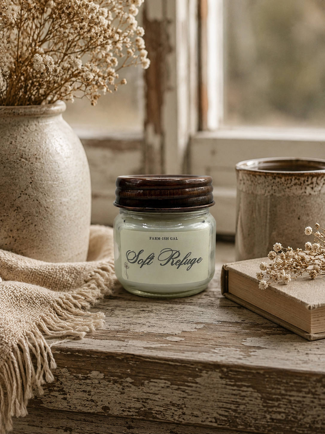 candle jar labeled Soft Refuge on a wooden surface with decorative elements
