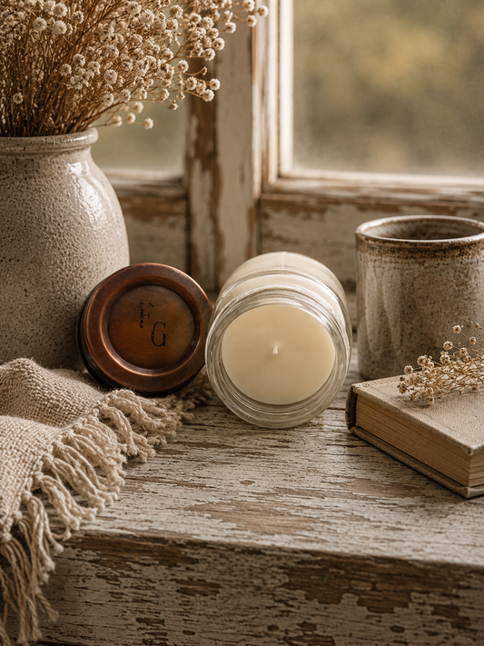 Candle with decorative elements on a wooden surface near a window