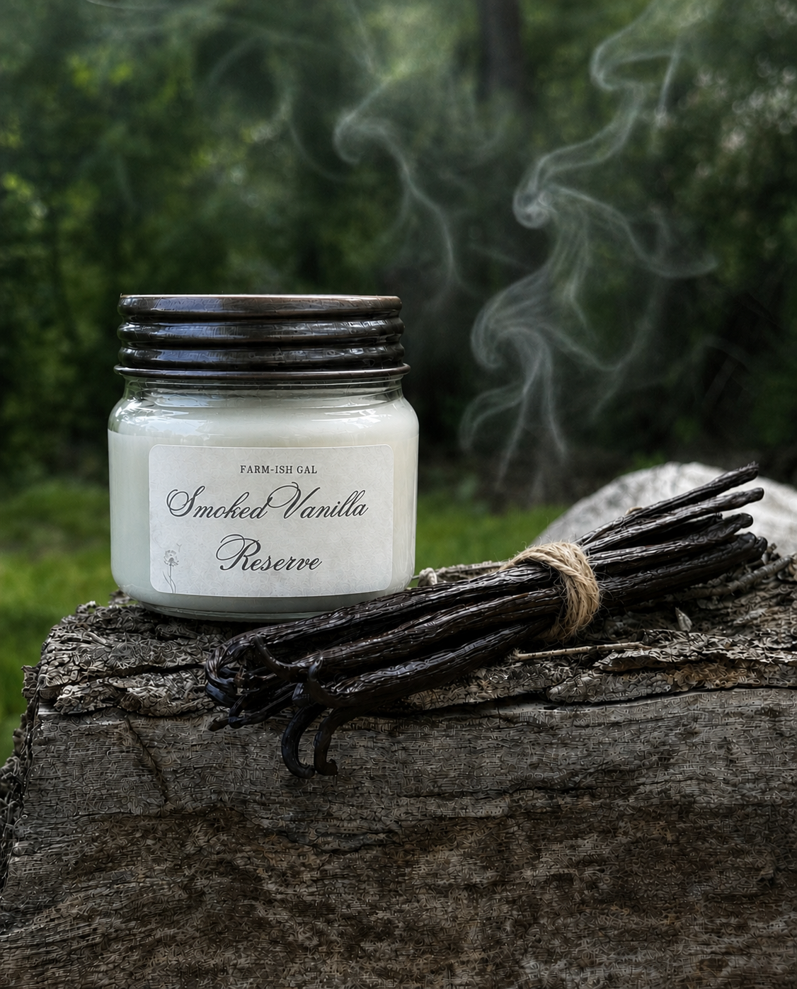 Candle labeled 'Smoked Vanilla Reserve' on a log with vanilla beans