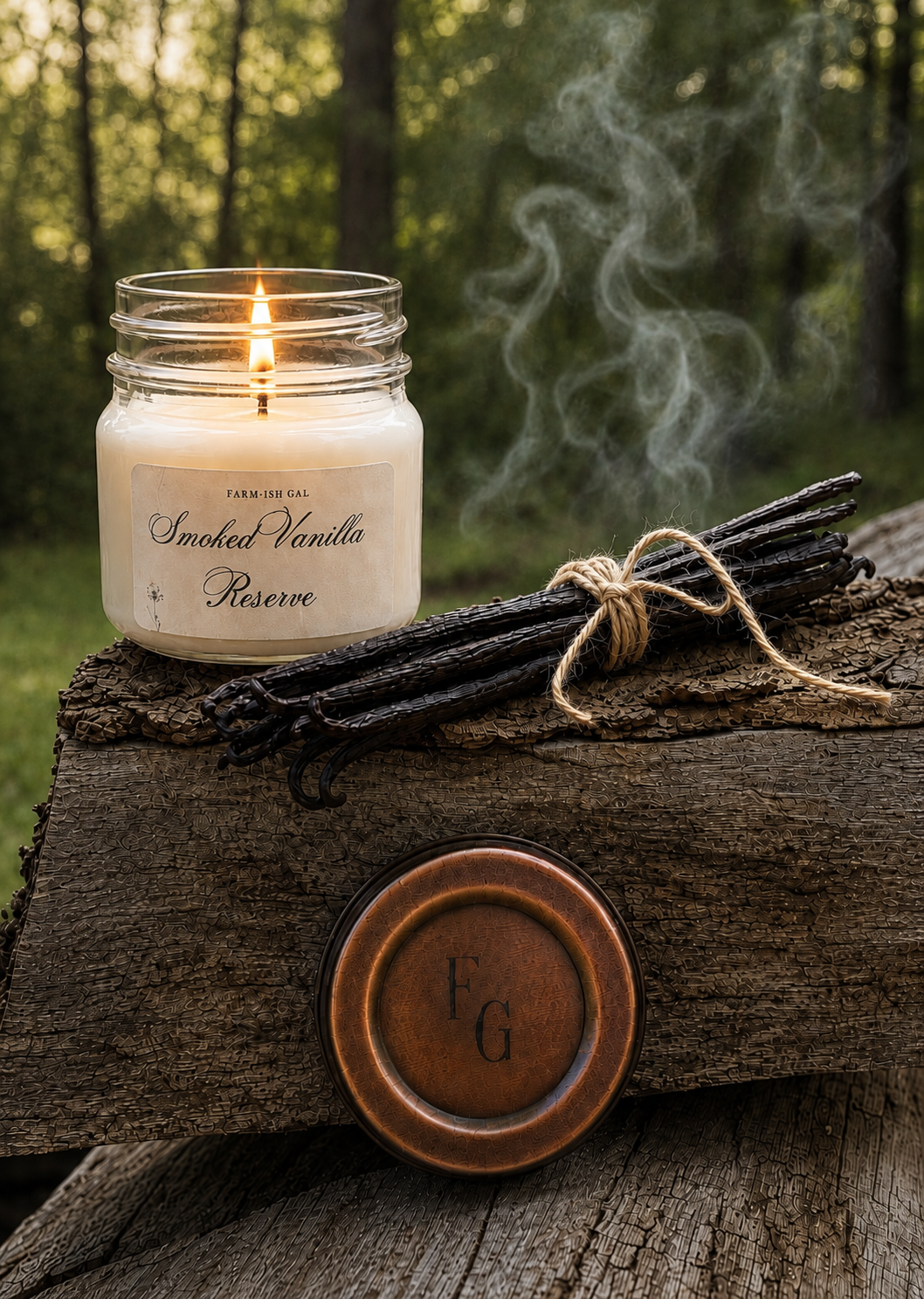 Smoked Vanilla Reserve candle in a mason jar on a wooden log with vanilla beans and a leather tag.