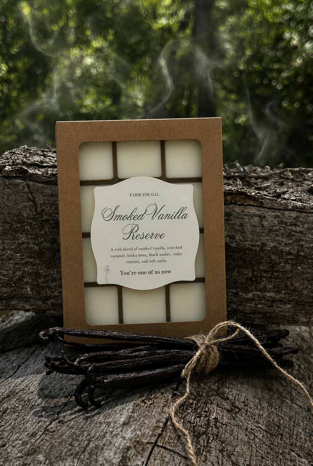Wax melts in Kraft paper box with window and a tag that says Smoked Vanilla Reserve