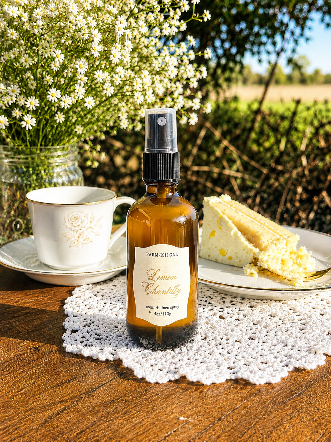 Room spray in amber bottle with a label that says Lemon Chantilly