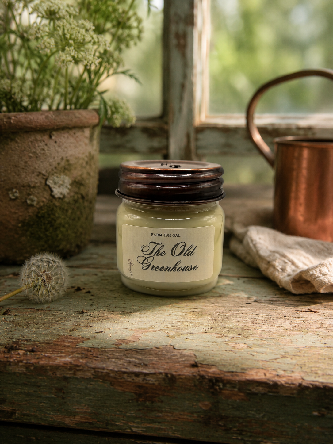 candle jar labeled 'The Old Greenhouse' on a rustic wooden surface with a window and plant in the background.