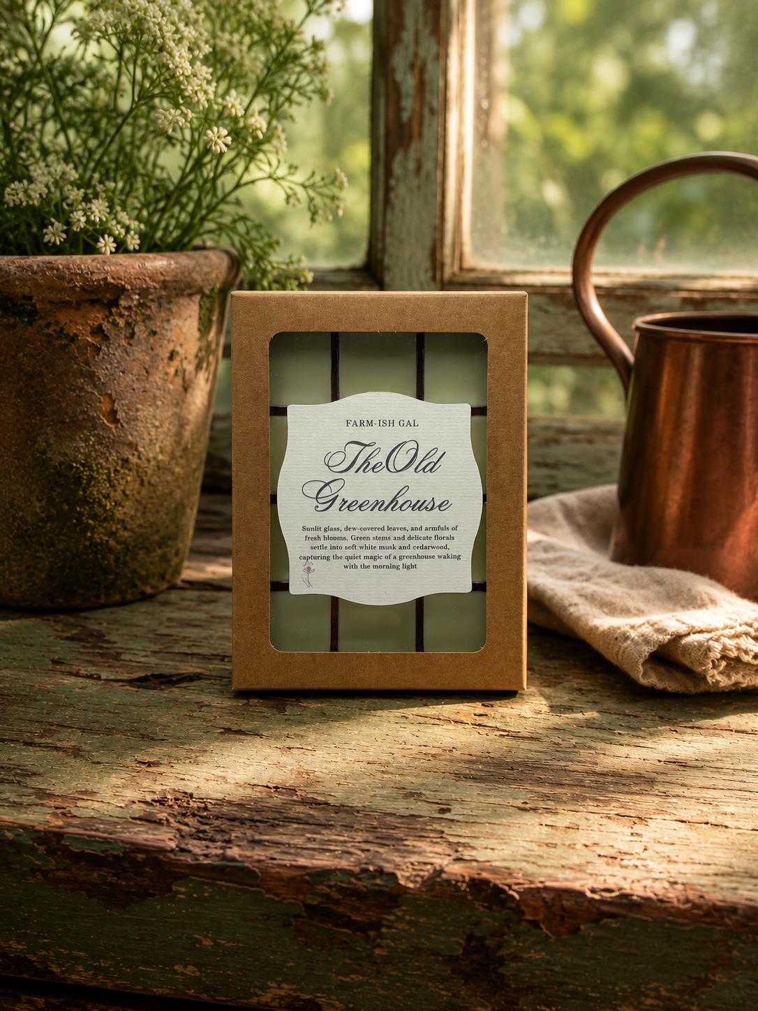 Wax melts in cardboard box with clear plastic window with a label saying The Old Greenhouse.