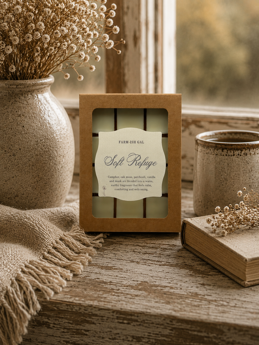 Box of wax melts with the label that says Soft Refuge and decorative elements surrounding it.