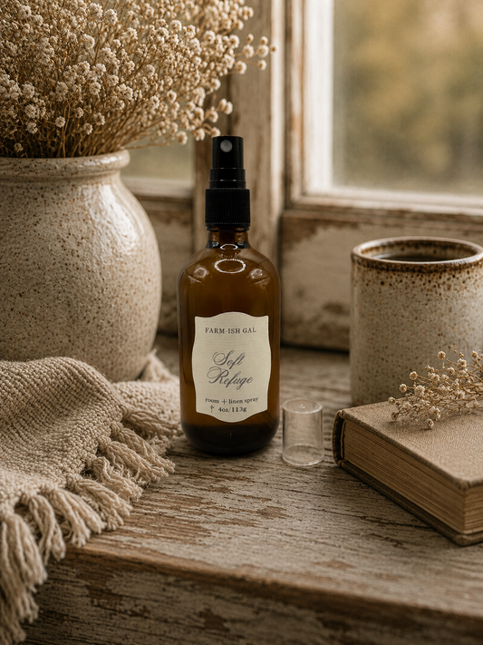 amber fine mist spray bottle with a label that says Soft Refuge