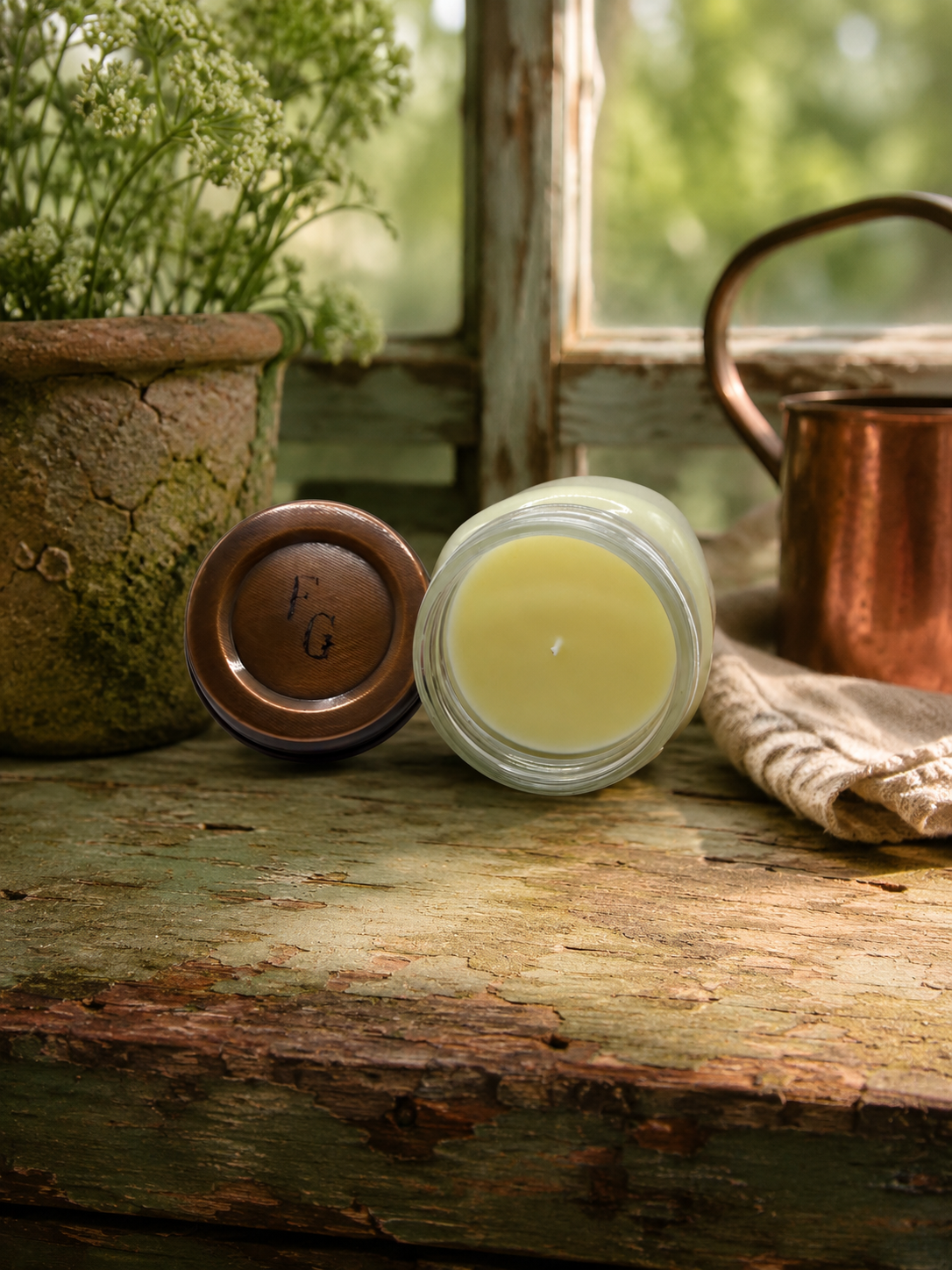 Candle jar on side on a rustic wooden surface with plants in the background