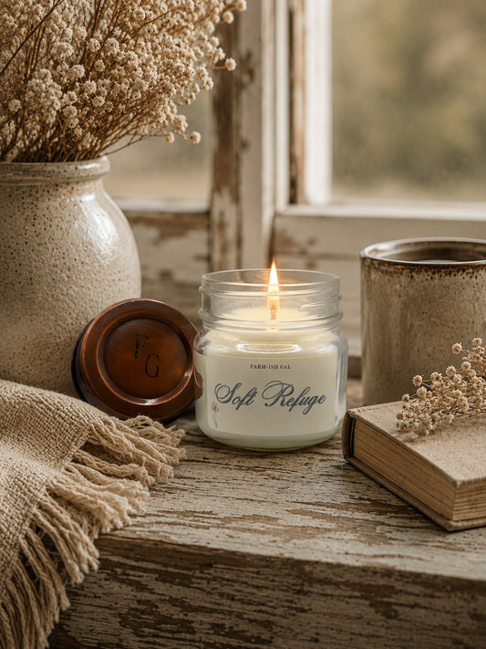 Candle labeled 'Soft Refuge' on a wooden surface with decorative items.