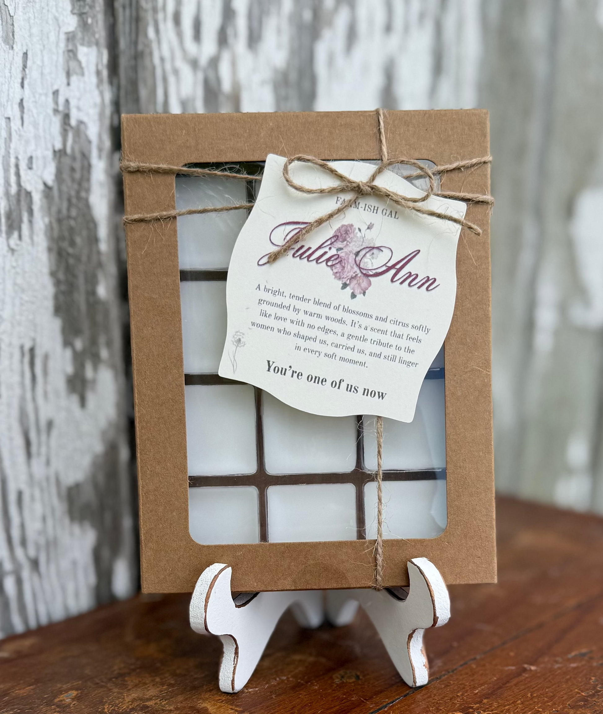 Wax melts with a label that says Julie Ann